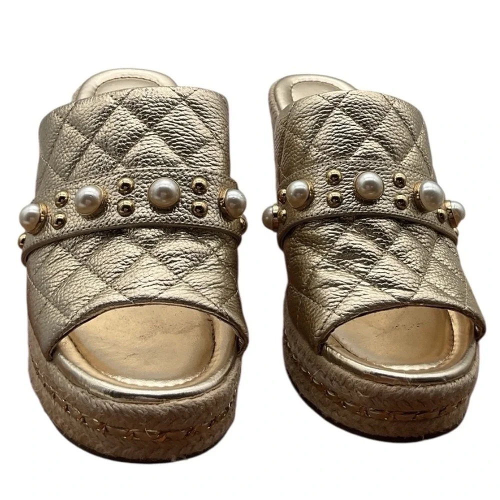 Karl Lagerfeld Paris Gold Quilted Leather Pearl Studded Espadrille Wedge 7